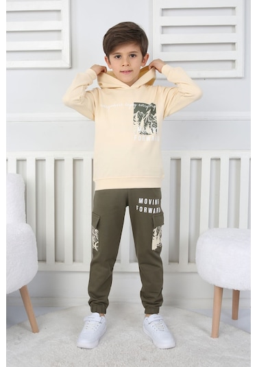 Moving Forward Kargo Cep Kapüşonlu 2 İplik Şardonlu Alt-üst Erkek Çocuk Eşofman Takımı Ekru