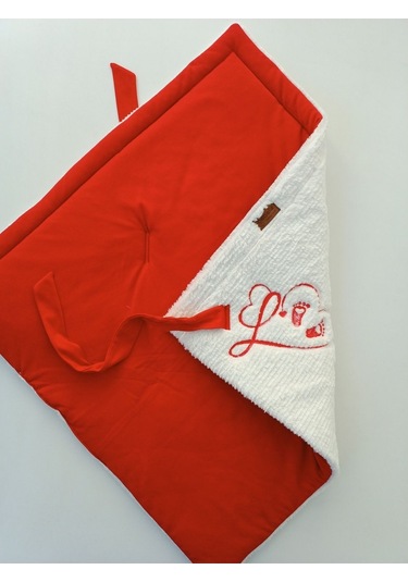 Kışlık Bebek Battaniyesi & Kundağı - Kalp Deseni İşlemeli Hastane Çıkışı Yenidoğan - Yeni Yıla Özel Ekru