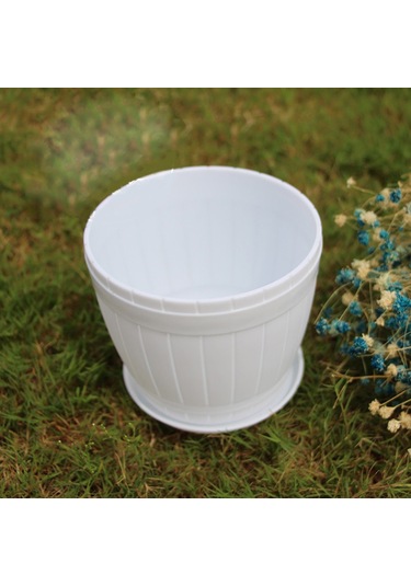 Sones 10 Adet Taklit Ahşap Fıçı Plastik Reçine Saksı Tepsili, Üst Çap: 16cm, Yükseklik: 13.5cm Beyaz