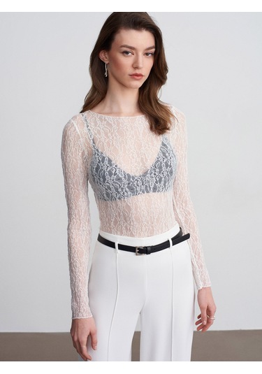 Dilvin 32764 Kayık Yaka Dantel Top-ekru