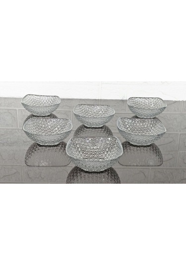 6 Kişilik Kare Kesme Dekorlu Çerezlik Sade Cam Kase 12 Cm Naturel