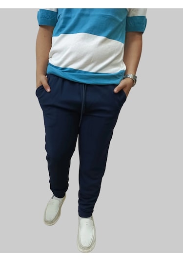 Erkek Beli Lastikli Bağcıklı Çakıl Taşlı Patlı Lacivert Jogger Pantolon Lacivert