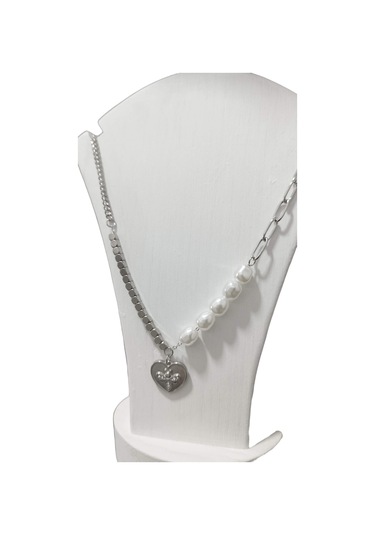 Kadın Çelik İncili Farklı Zincir Detaylı Kalp Kolye Gümüş Renk Çelik