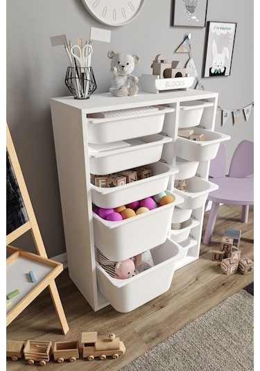 %100 Mdf - Medium Duo 12 Sepetli Oyuncak Dolabı Beyaz