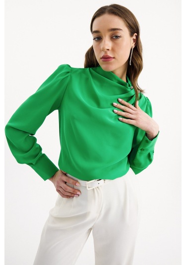 Sateen Düğmeleri Taş Detaylı Bluz - Yeşil