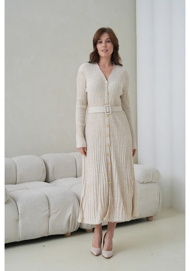 Kadın V Yaka Ful Düğme Kapama Kemer Detay Maksi Boy Fitilli Triko Elbise Taş