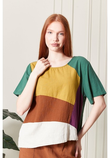 Keten Gökkuşağı Asimetrik Kesim Bluz Renkli Ve Şık Tasarım Turkuaz