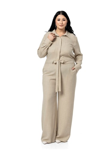 Büyük Beden Beli Tünelli Ve Arkadan Lastikli Geniş Paça Bej Rengi Tulum Bej