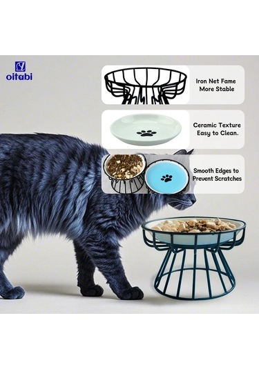 Willowhaven Yeşil Pençe Desenli Yükseltilmiş Seramik Kedi Kabı Metal Standlı