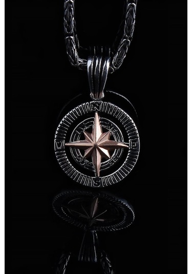 Omar Silver Erkek Kral Zincirli Pusula Model Gümüş Kolye