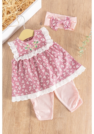 Babymod Çiçek Desenli Bandanalı 3'lü Kız Bebek Elbiseli Takım 001