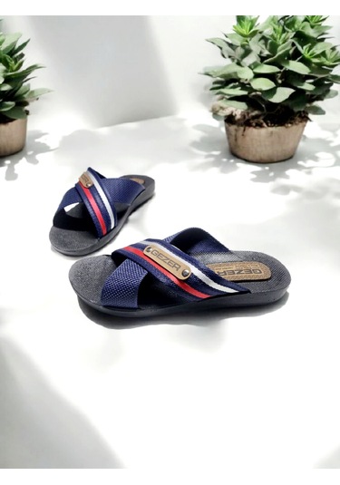 Gezer Erkek Çapraz Bant Rahat Taban Ev Ve Dışarı Terliği Lacivert - Kırmızı - Beyaz