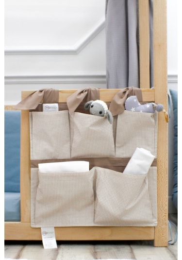 Beşik Yanı Düzenleyici, 5 Cepli Bebek Odası Organizer Ekose Kahverengi