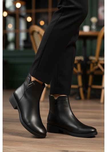 Siyah Hakiki Deri İçi Polarlı Kaymaz Kadın Bot 21893-1 Z Siyah