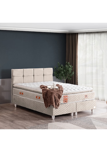 Gümüş Tek Kişilik Baza Başlık Real Pedli Yatak Seti Krem 90 x 190