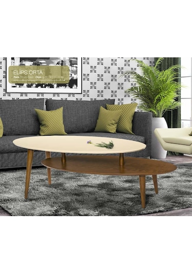 Orta Sehpa Osm Elips Model Sehpa Parlak Ceviz Krem Ahşap Kayın To