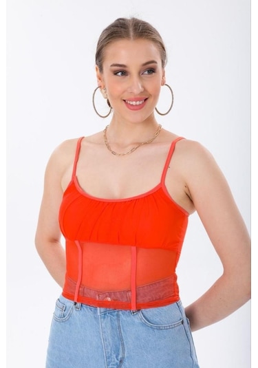 Ceyss Design Astarlı İnce Askılı Tül Crop Büstiyer-nar Çiçeği Narçiçeği