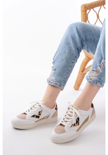 Sv-01 Beyaz Leopar Desenli Bağcıklı Kadın Spor Ayakkabı Beyaz