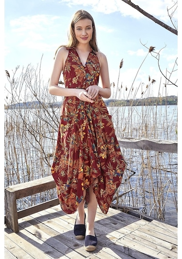 Çiçekli Gömlek Yaka Viskon Elbise