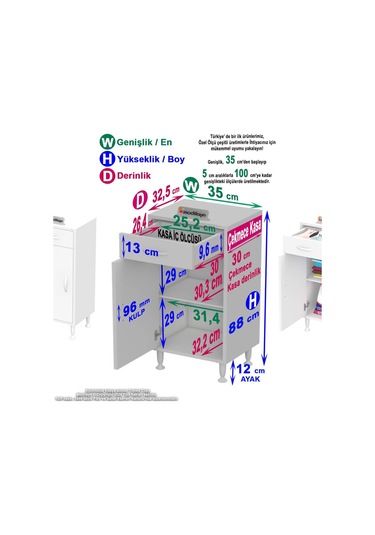 35 X 88 X 32,5 Cm Lik 1 Çekmece 1 Kapak 1 Raf 2 Gözlü Organizatör Mutfak Dolabı Çok Amaçlı Dolap Beyaz