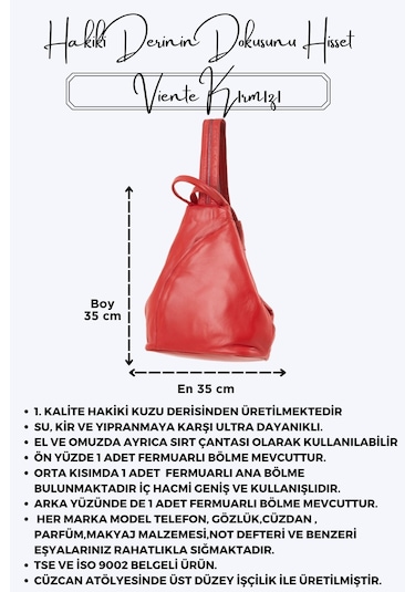 Viente Kırmızı Hakiki Deri Kadın El Omuz Ve Sırt Çantası Kırmızı