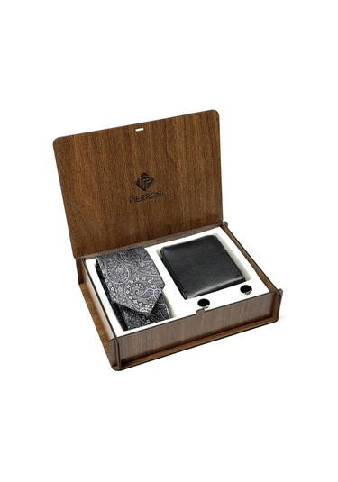 Gri Siyah Şal Desen Kravat Kol Düğmesi Cüzdan Özel Ahşap Kutu Set Çok Renkli