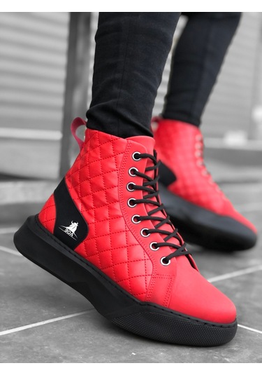 Ba0159 Bağcıklı Kırmızı Kapitone Erkek Yüksek Taban Spor Bot Kırmızı
