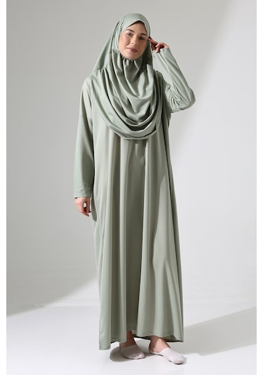 Başörtülü Tek Parça Namaz Elbisesi - Mint Yeşili - 5015 Mint Yeşili