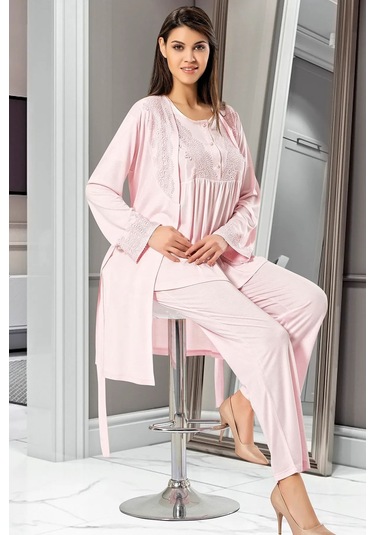 Xses 4001 Kadın Hamile Lohusa Sabahlıklı Pijama Takım-pudra