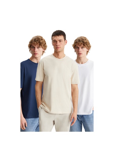 Cultıvated Erkek 3'lü Kalın Dokulu Regular %100 Organik Pamuk Laci/bej/byz T-shirt
