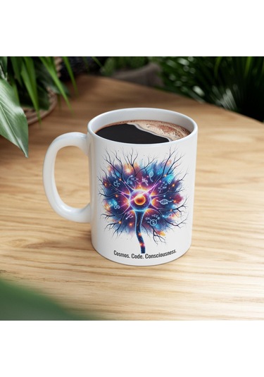 Beyaz Bilim Kupa Bardak - Sinir Hücresi, Dna Ve Kozmos Tasarımlı, Bilim Sever Hediyesi Beyaz