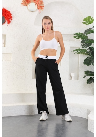 Kallima Siyah Beyaz Kemerli Mevsimlik Bol Paça Kadın Eşofman Altı Siyah