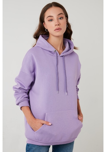 Lela Regular Fit Pamuklu Kapüşonlu Yaka Şardonlu Kışlık Bayan Sweat 5863854 Lila