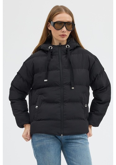 Çift Cepli Fermuarlı Su İtici Kumaş Normal Kesim Dolumlu Şişme Kadın Siyah Mont Tbmnt005 Siyah