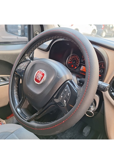 Delikli Geçmeli Direksiyon Kılıfı 38 Cm Siyah, Kırmızı Dikiş