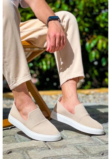 Bej Triko Yüksek Taban Bağcıksız Günlük Erkek Ayakkabısı Bej