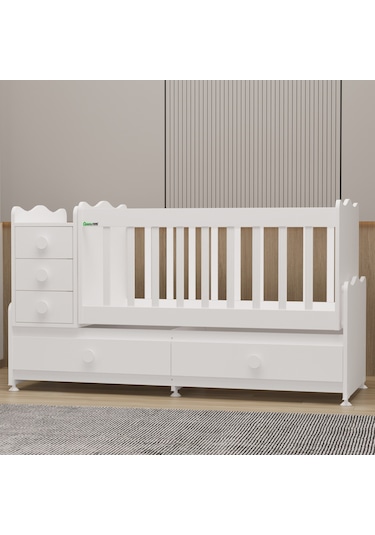 Garaj Home Melina Mdf Çıtalı Beşik + Yatak + Uyku Seti - Beyaz Beyaz