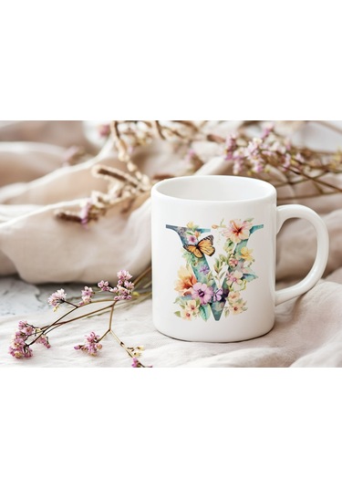 V Harfi Çiçekli Kupa Bardak - Soft Renk Çiçek Ve Kelebek Desenli Zarif Kahve Kupası - Bohem Beyaz