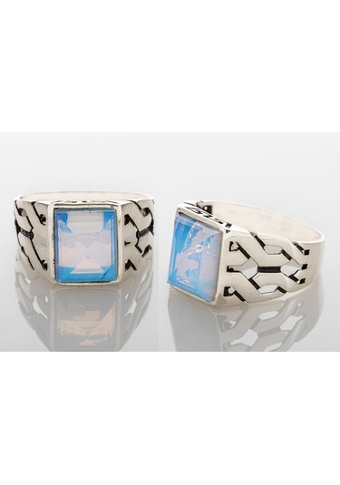 Gümüş Ay Taşı Kare Model Erkek Yüzük