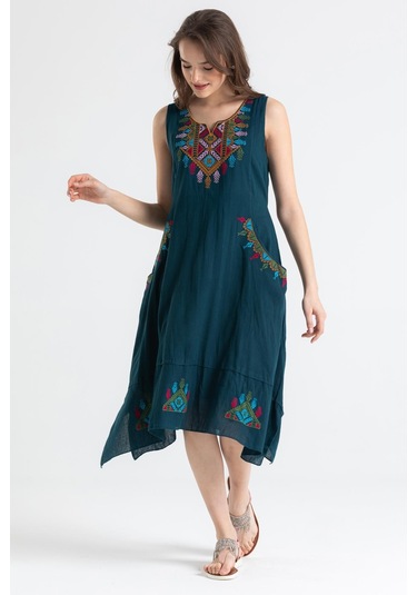 Kolsuz Şile Bezi Antik Nakışlı Midi Boy Elbise Petrol Ptrl-petrol