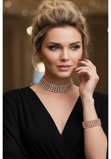Caş Dekorasyon Altın Renk Taşlı Choker Kolye Ve Bileklik Set Altın