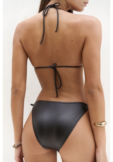 Mutia Bağcıklı Parlak Siyah Bikini Altı Siyah