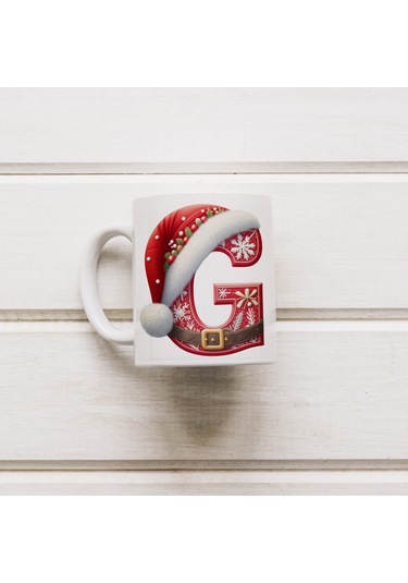 G Harfi Yılbaşı Temalı Bardak 330 Ml Harfli Kişiye Özel Hediye - Yeniyıl / Noel Şapka Tasarım Beyaz