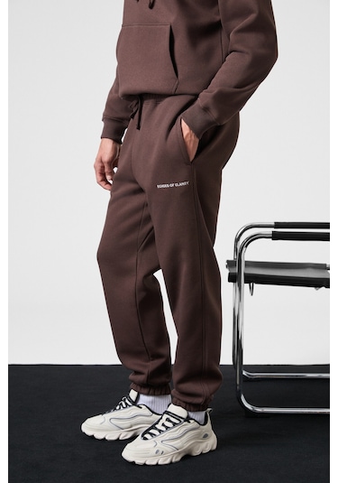 MARSHALLHOODIE Erkek Pamuklu İçi Polarlı Nakışlı Relaxed Kahverengi Eşofman Takımı