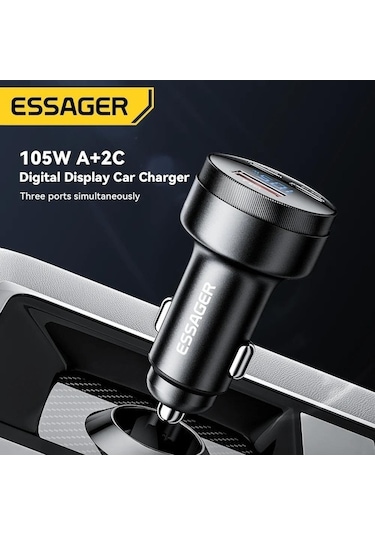 Monyee Essager 105w Süper Hızlı Şarj 2c+a Üç Portlu Alüminyum Sayısal Göstergeli Araç İçi Telefon Şarj Cihazı Siyah Siyah