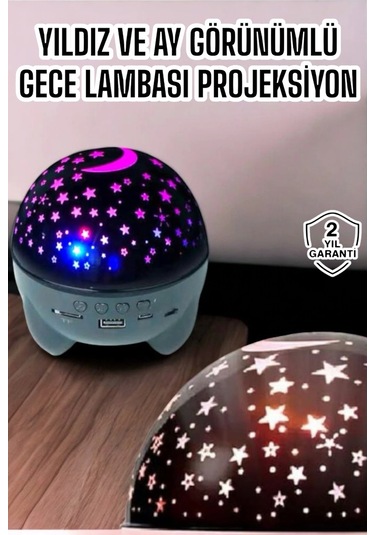 Gece Lambası Projeksiyon Görünümlü Şarjlı Yıldızlı Yuvarlak Çok Renkli