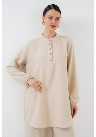 Bigdart 6678 Keten Tunik Pantolon İkili Takım - Krem