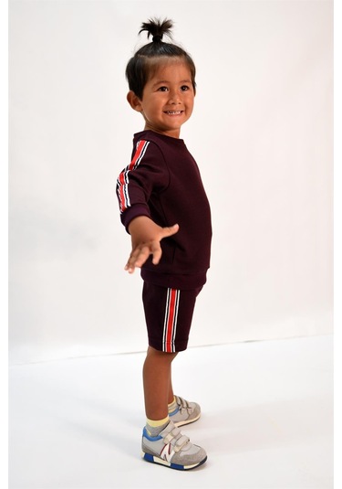 Luess Erkek Çocuk Şerit Detaylı Siyah Alt - Üst Takım Bordo