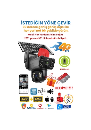 Solar Panelli, Güneş Enerjili, Sım Kartlı 4g, 6mp Çift Lensli Ptz