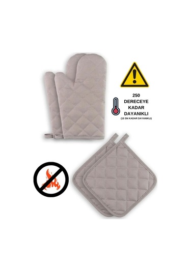 Yanmaz Ve Isıya Dayanıklı Fırın Eldiveni Ve Tutacak 2 Eldiven, 2 Tutacak Açık Gri